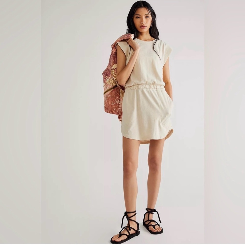 FREE PEOPLE fp beach Anna Leigh Dress in Au Lait Oatmeal 100% Cotton Pocket XS